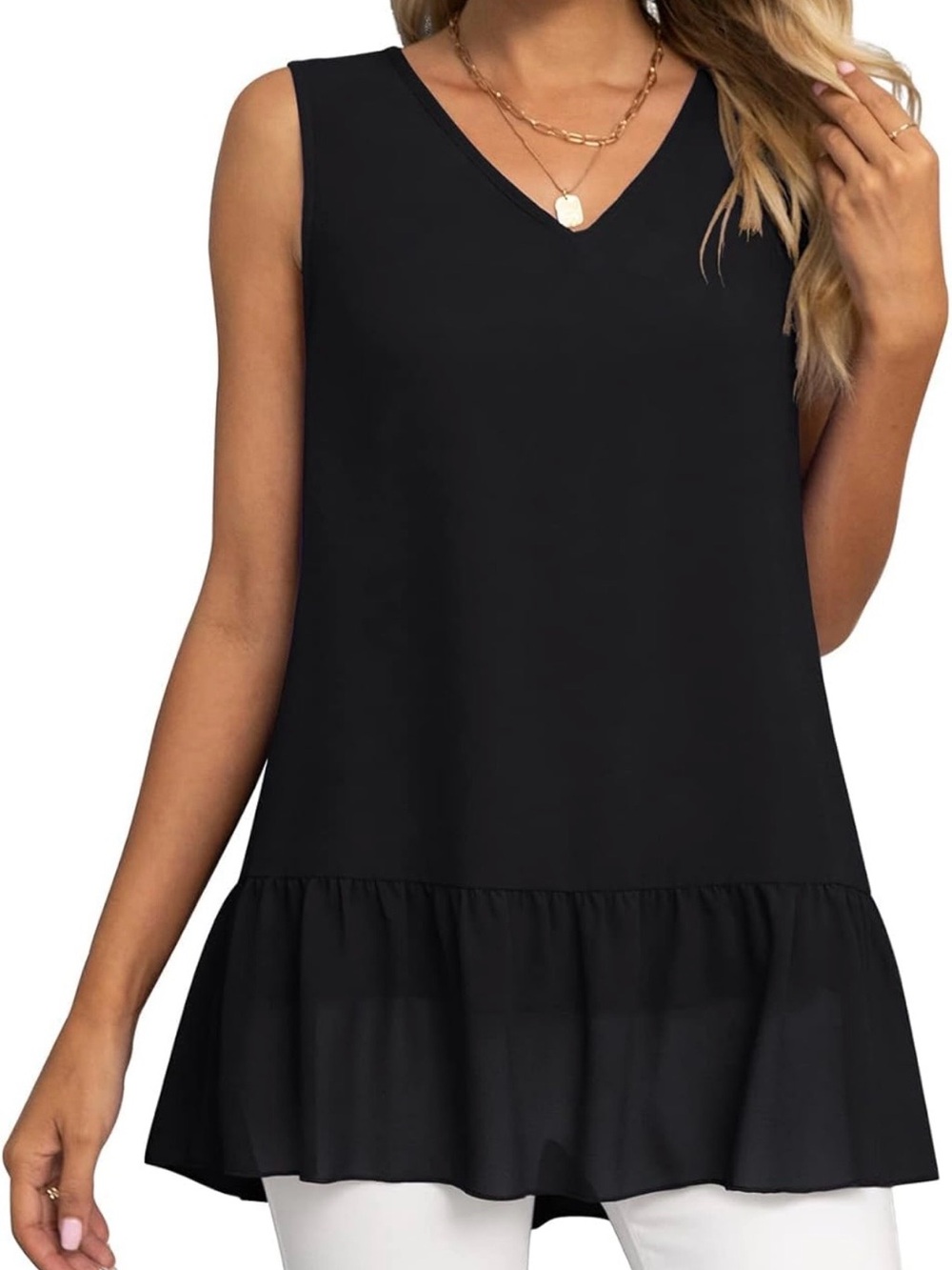 Sleeveless V-Neck Ruffle Hem Tank Top - Black